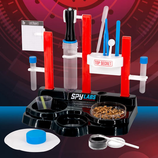 The Spy Labs Forensic Investigation Kit fully set up, displaying fingerprint powder, UV flashlight, pH test strips, and lab tools for hands-on detective experiments