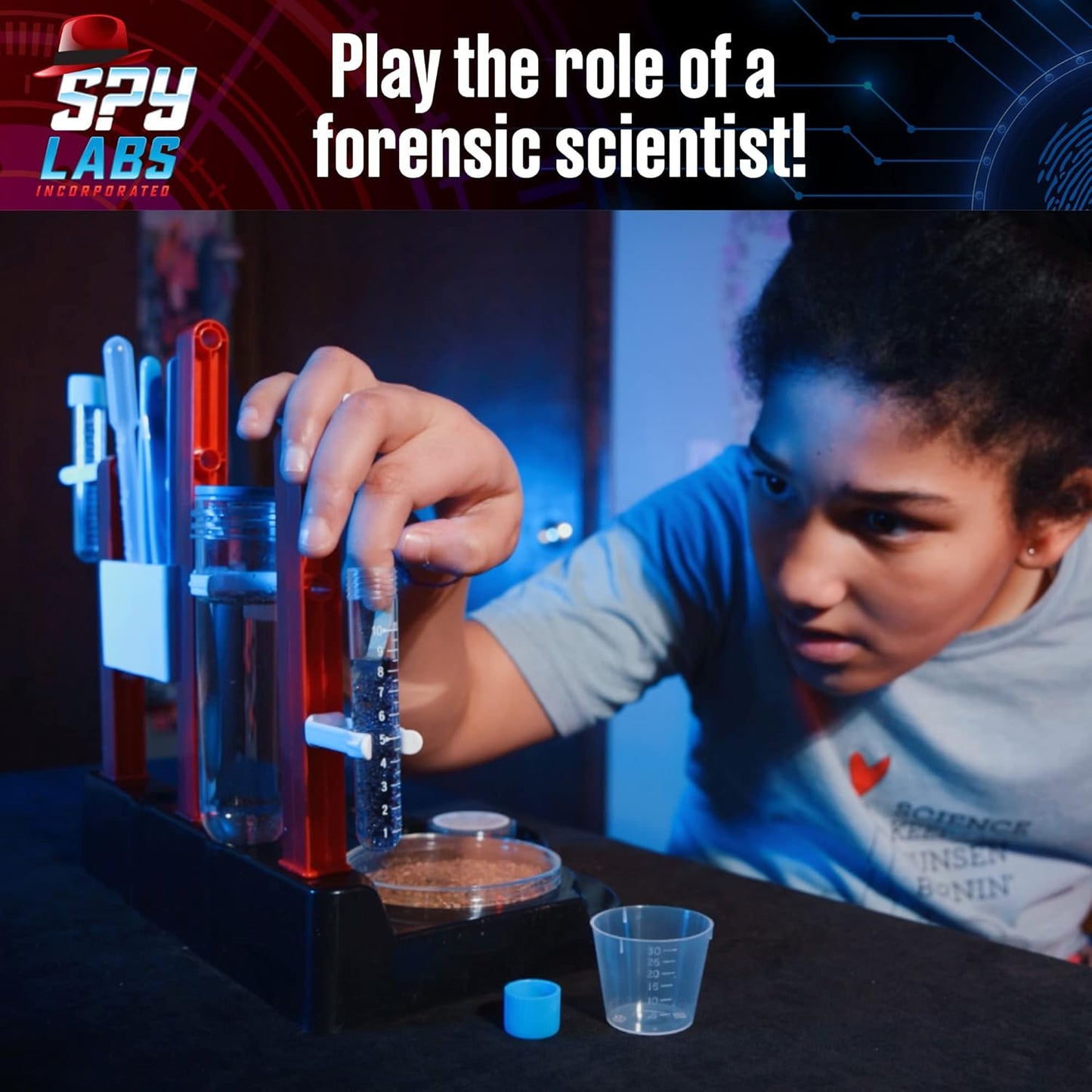 A child using the Spy Labs Forensic Investigation Kit, analyzing fingerprints and testing substances, playing the role of a forensic scientist in a hands-on STEM experiment.