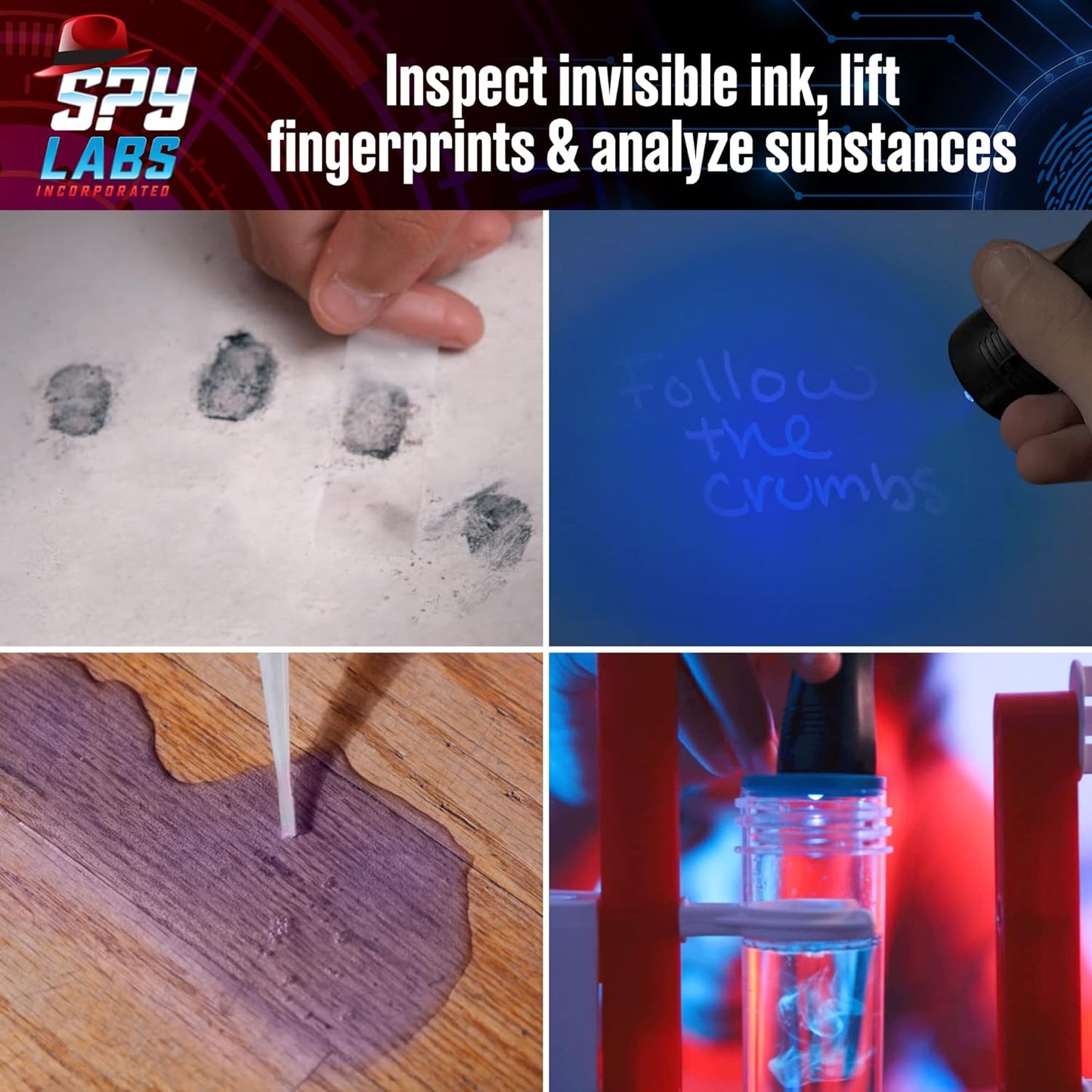 The Spy Labs Forensic Investigation Kit set up, displaying lifted fingerprints, a UV torch highlighting an invisible word, and tools for analyzing unknown substances.