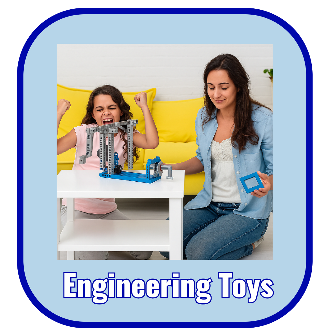 A child and adult playing with and building an engineering toy