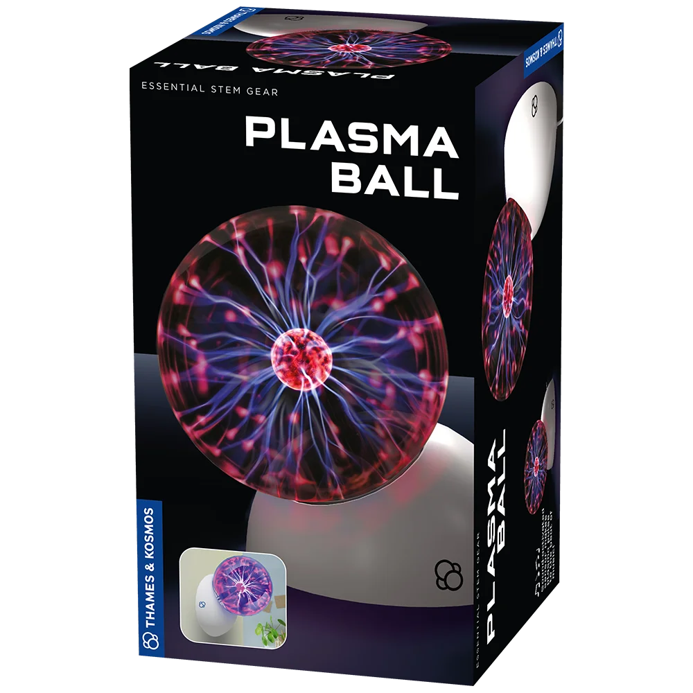 Thames & Kosmos Plasma Ball in its packaging. The box showcases electric arcs reacting to touch, highlighting STEM learning and interactive science experiments