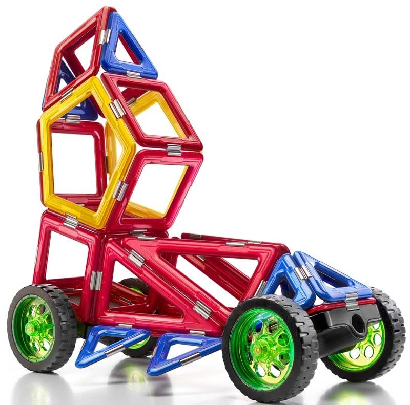 An alternate model of the GeoSmart RoboRacer, built using colorful magnetic geometric pieces, showcasing creative vehicle construction and STEM learning.