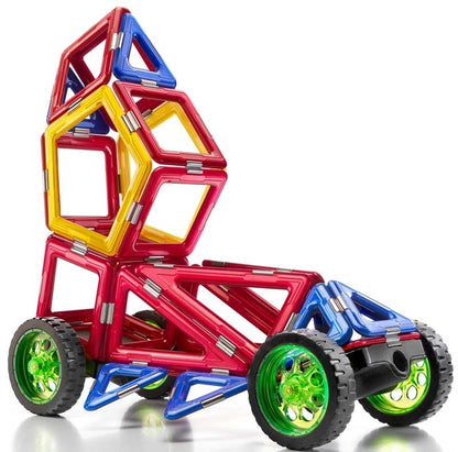 An alternate model of the GeoSmart RoboRacer, built using colorful magnetic geometric pieces, showcasing creative vehicle construction and STEM learning.