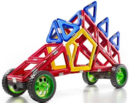 "A GeoSmart RoboRacer model with attached wheels, built using colorful magnetic geometric pieces, showcasing a dynamic vehicle design for STEM learning and creative play.