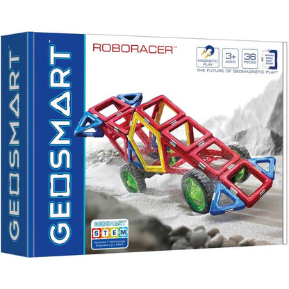he front of the GeoSmart RoboRacer box, featuring coloruful magnetic vehicle illustrations and branding, highlighting the 36-piece STEM construction set for creative play.