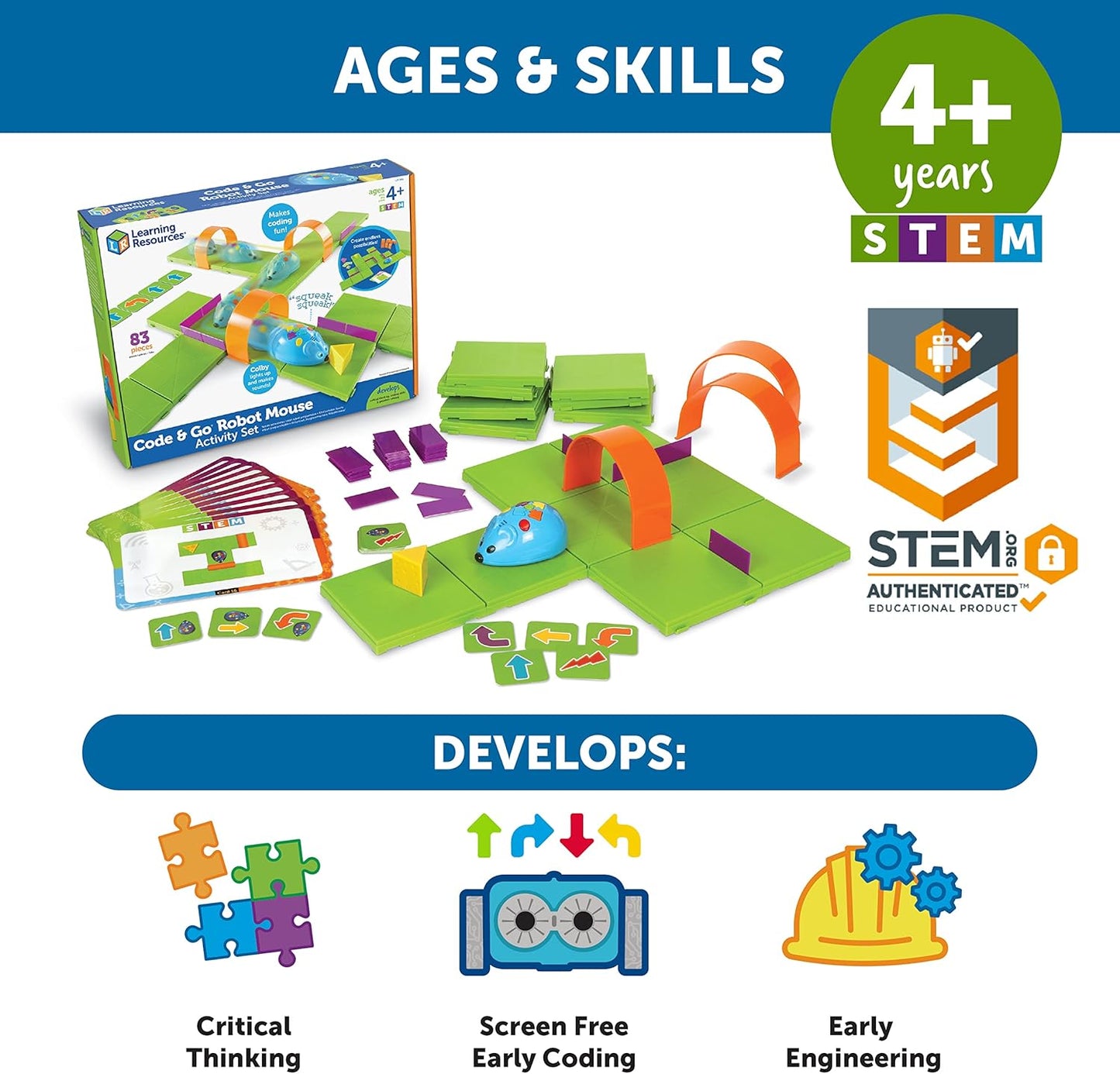 Learning Resources Rechargeable Code & Go Robot Mouse Activity Set with box and fully built components. STEM-authenticated, promoting critical thinking, screen-free early coding, and early engineering for ages 4+.