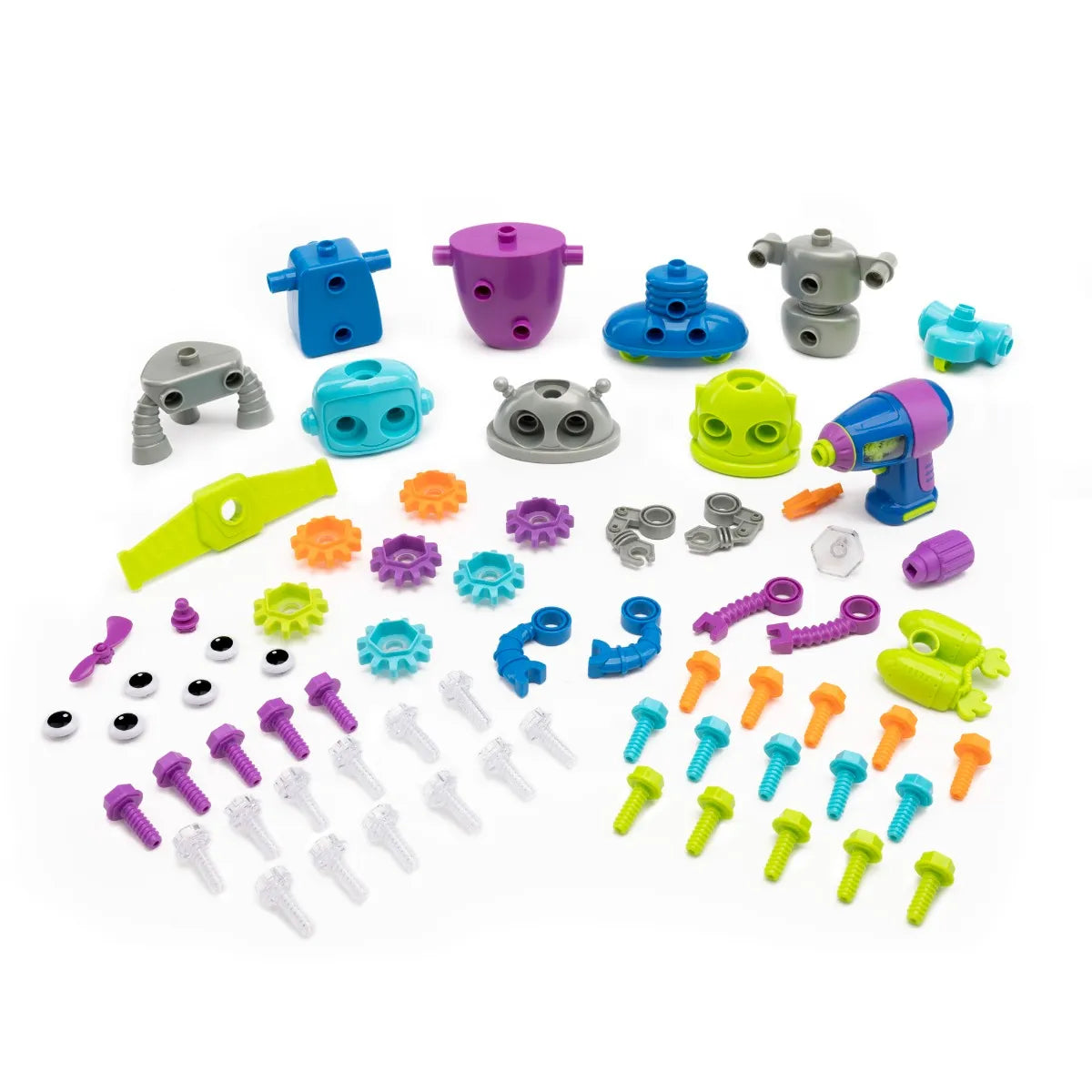 Contents of the Learning Resources,  Design & Drill Robot Workshop box, including a customizable robot, kid-friendly drill, colourful bolts, and activity guide for STEM learning