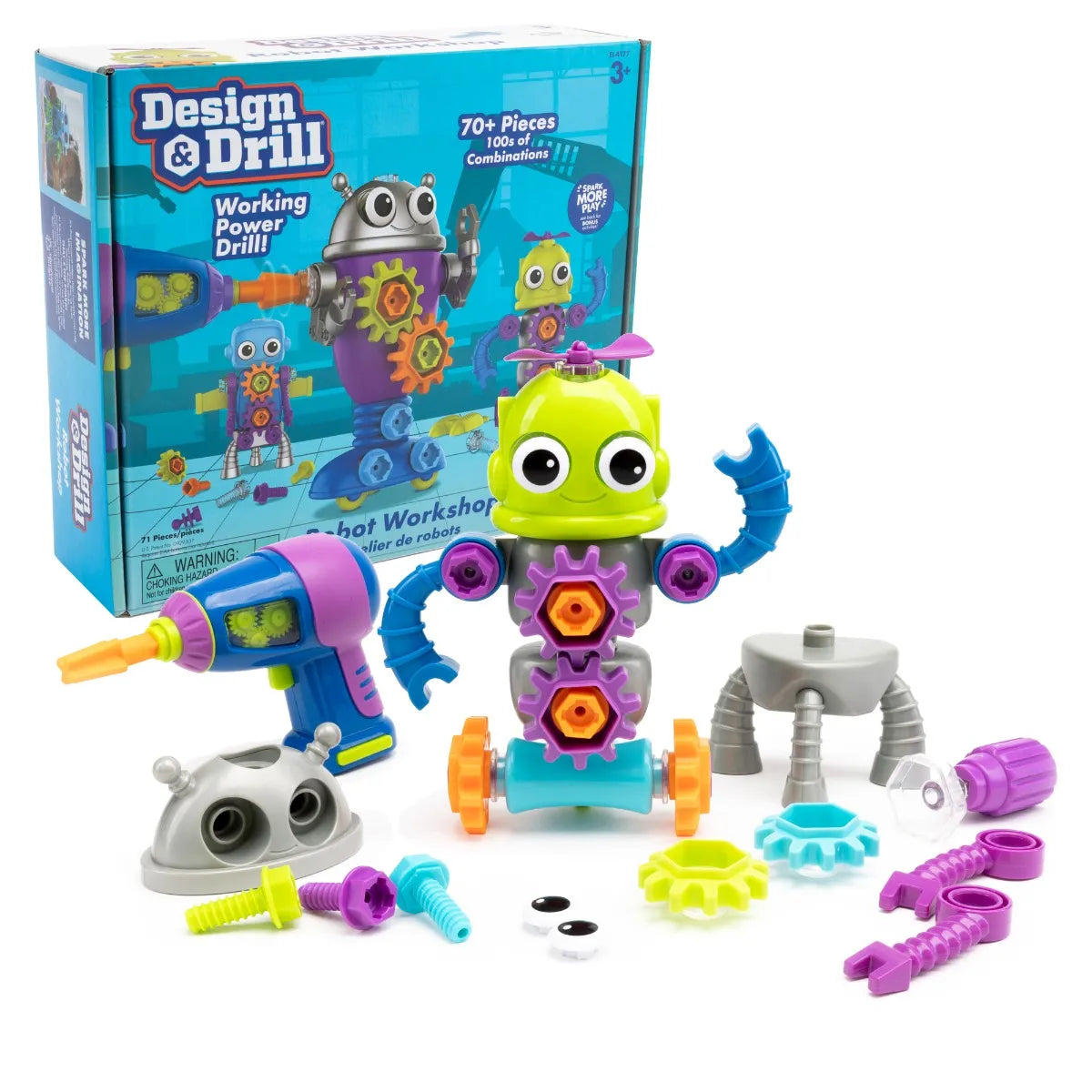 Design & Drill Robot Workshop: Box with colorful robot,  parts, bolts, gears, and kid-friendly tools for hands-on STEM building fun.