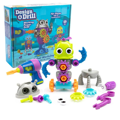 Design & Drill Robot Workshop: Box with colorful robot,  parts, bolts, gears, and kid-friendly tools for hands-on STEM building fun.