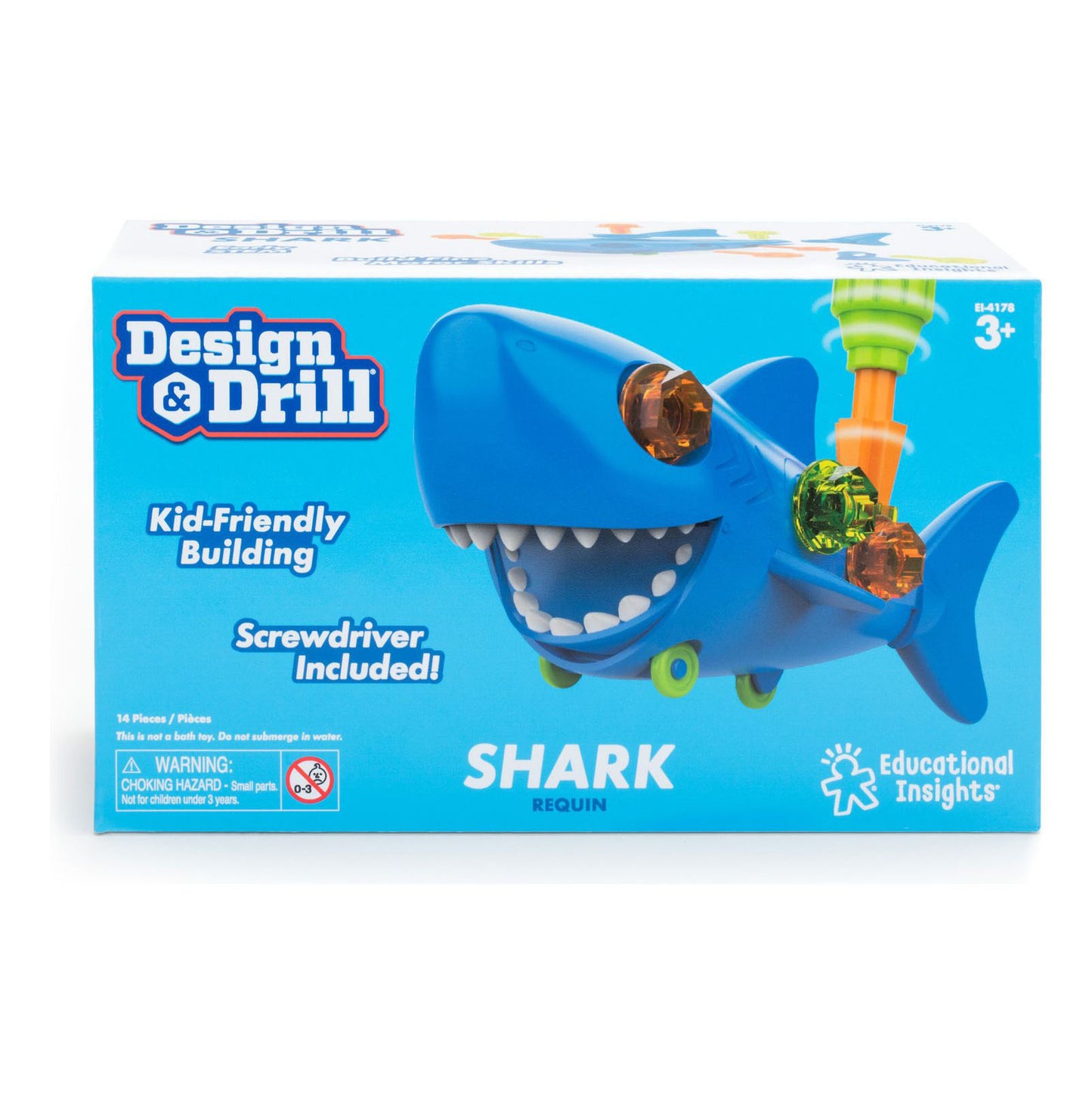 Design & Drill Shark: A buildable STEM toy with colorful bolts, snap-on parts, and a kid-friendly screwdriver for hands-on learning.