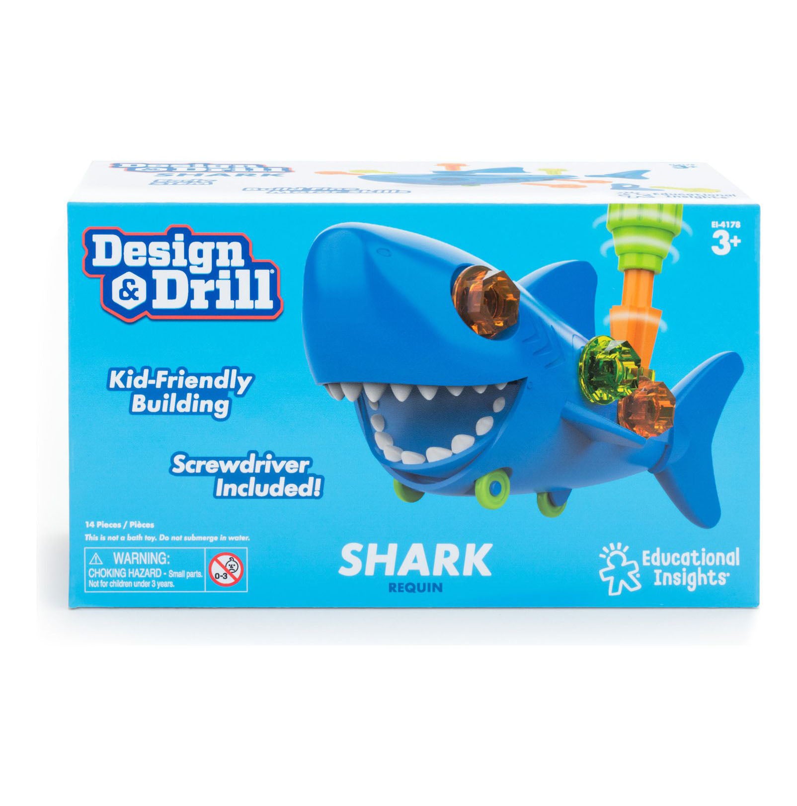 Design & Drill Shark: A buildable STEM toy with colorful bolts, snap-on parts, and a kid-friendly screwdriver for hands-on learning.
