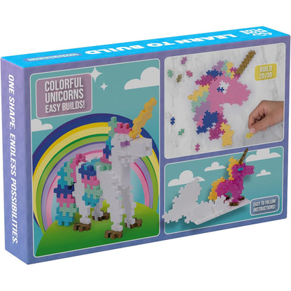 The back of the Plus-Plus Learn to Build Unicorns box, displaying colourful illustrations, building instructions, and details about the 275-piece set.