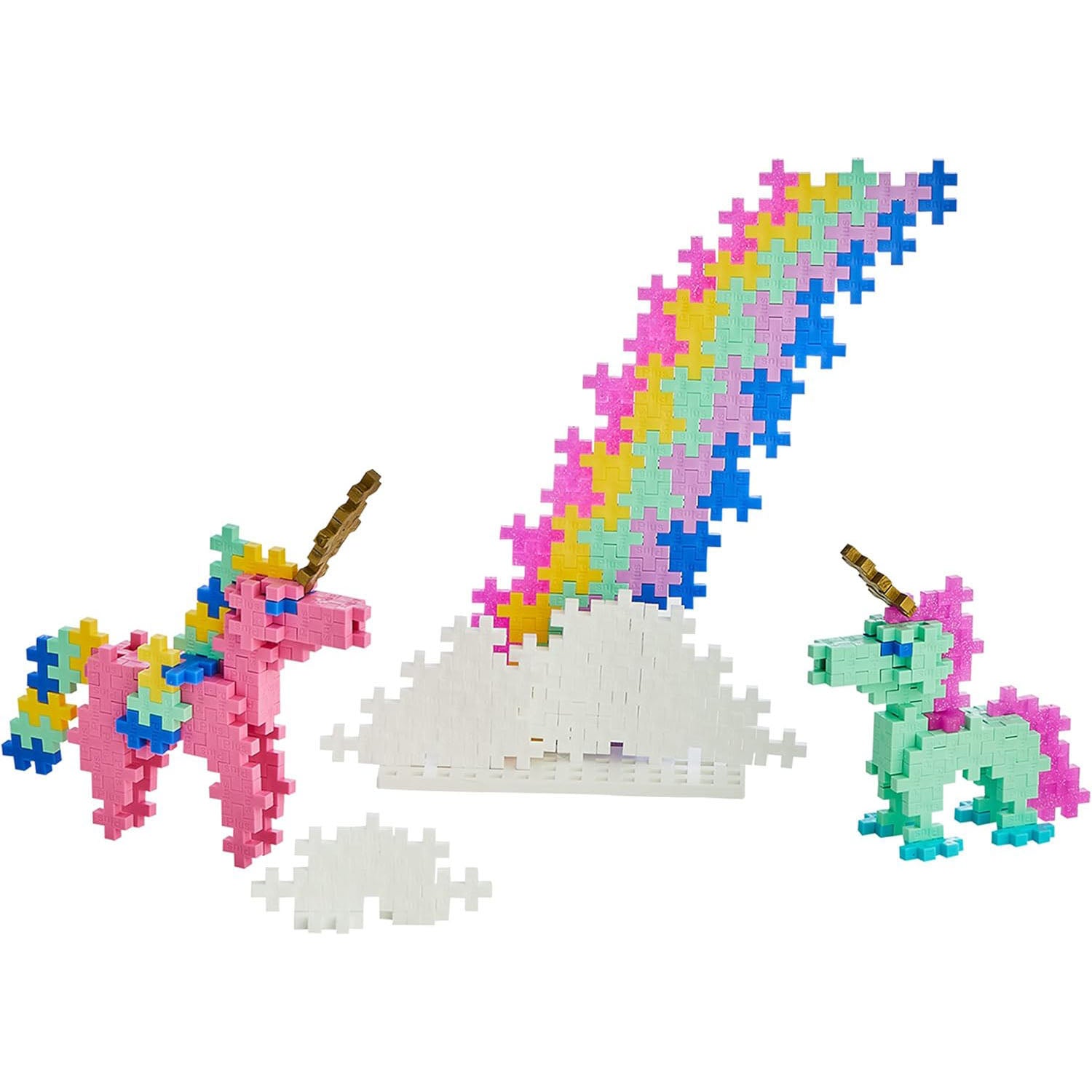 Three completed Plus-Plus models built from interlocking pieces, featuring a vibrant rainbow, a pink unicorn, and a green unicorn, showcasing creative play.