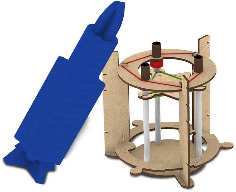 "A fully assembled Smartivity Rocket Launcher, featuring a wooden launch pad and a colourful rocket, designed for hands-on STEM learning about thrust, gravity, and propulsion.