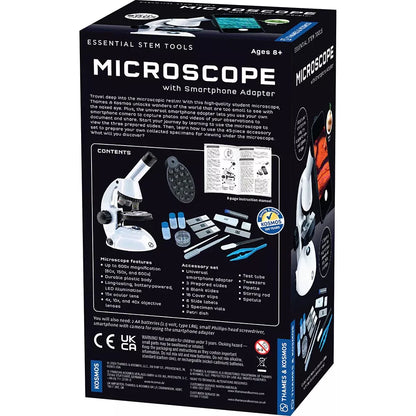 Back of the Thames & Kosmos Microscope with Smartphone Adapter box. Displays product details, features, and specifications for STEM learning.