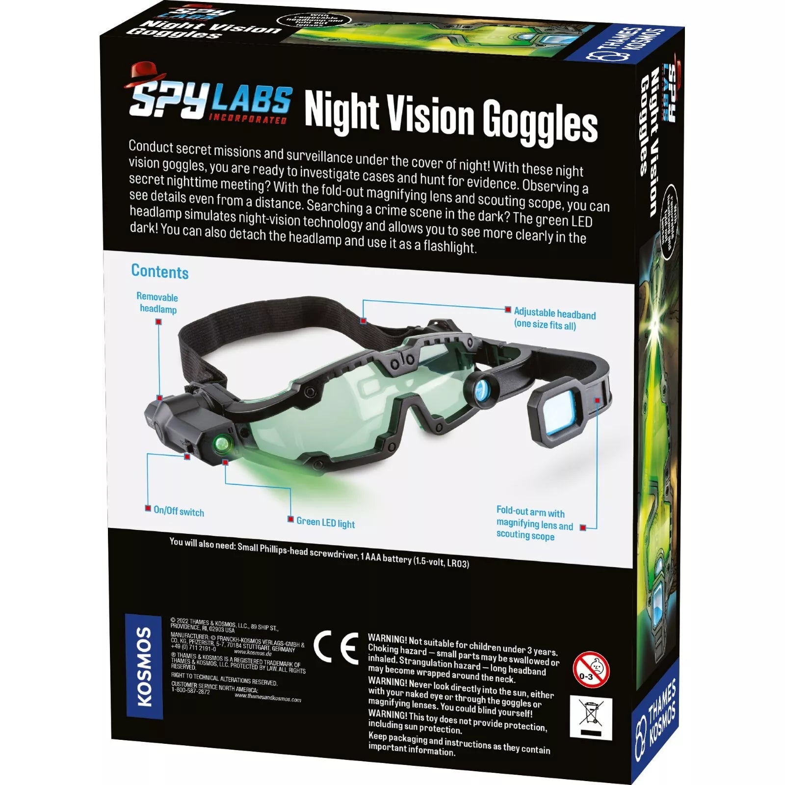 ack of the Spy Labs Night Vision Goggles box. Displays product details, features, and specifications, highlighting night time exploration and spy-themed play."