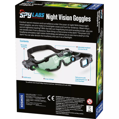 ack of the Spy Labs Night Vision Goggles box. Displays product details, features, and specifications, highlighting night time exploration and spy-themed play."