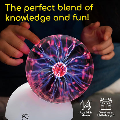 Thames & Kosmos Plasma Ball. A child touches the glowing electric arcs, watching them react. Includes '14+' age label and a note highlighting it as a great birthday gift.
