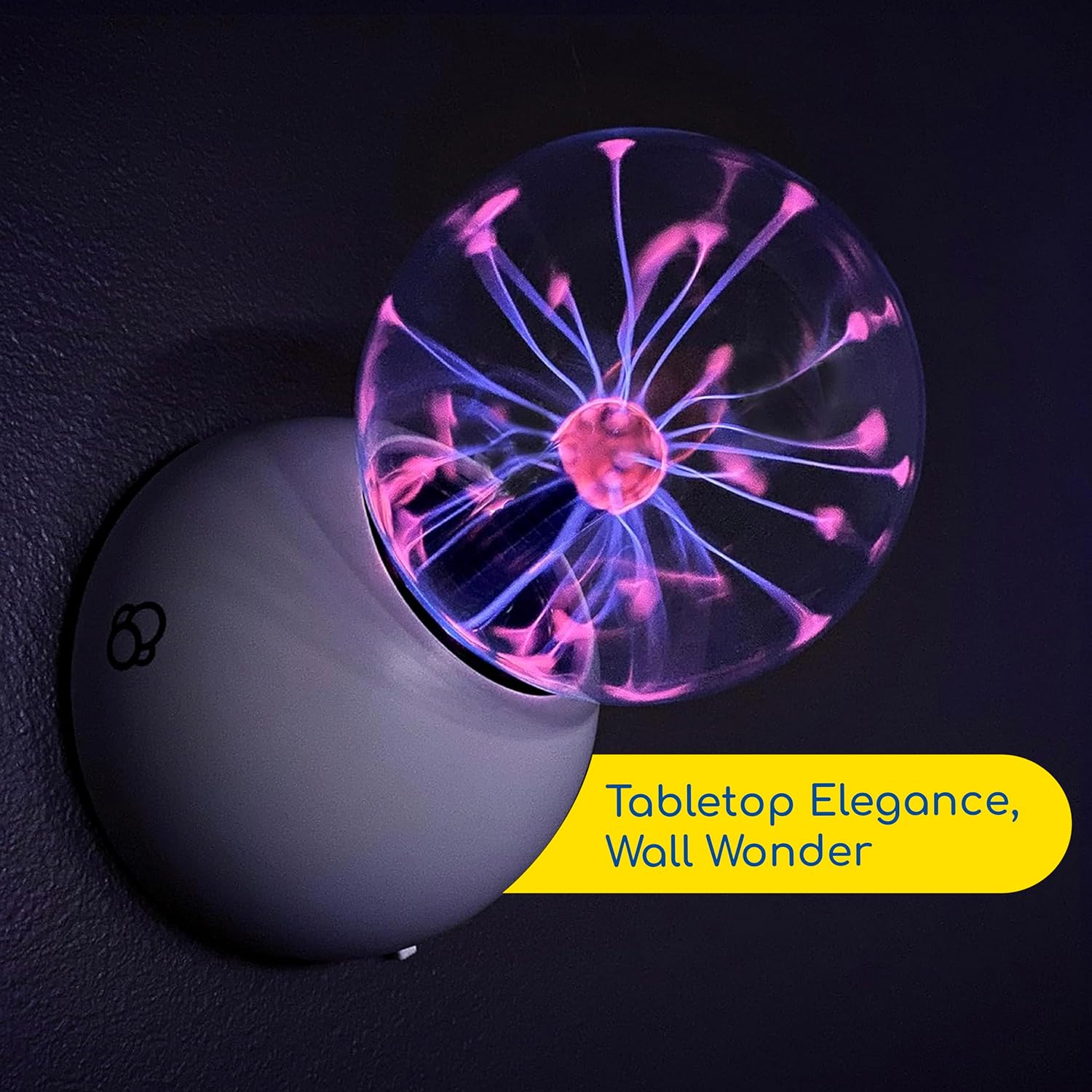 Thames & Kosmos Plasma Ball mounted on a wall, glowing with electric arcs. A mesmerizing 'Wall Wonder' that doubles as 'Tabletop Elegance' for STEM learning.