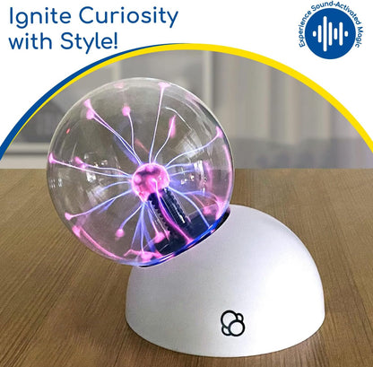 Thames & Kosmos Plasma Ball , glowing with electric arcs. 'Ignite Curiosity with Style' and 'Experience Sound-Activated Magic' for STEM exploration.
