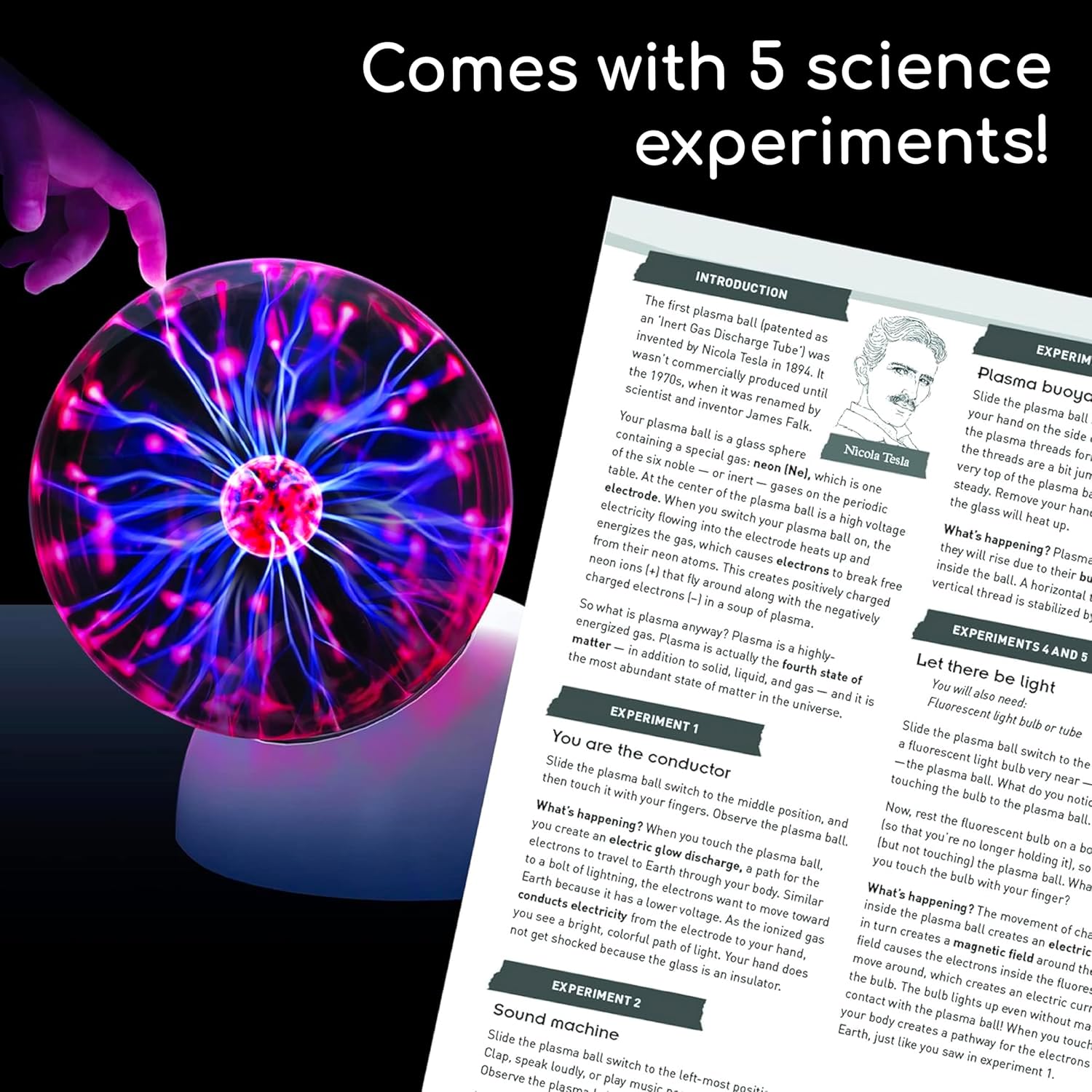 Thames & Kosmos Plasma Ball with booklet. A glowing electric sphere alongside an experiment guide featuring five hands-on science activities for STEM learning