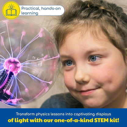 A child’s face illuminated by the Thames & Kosmos Plasma Ball. Hands-on STEM learning transforms physics lessons into captivating displays of light.