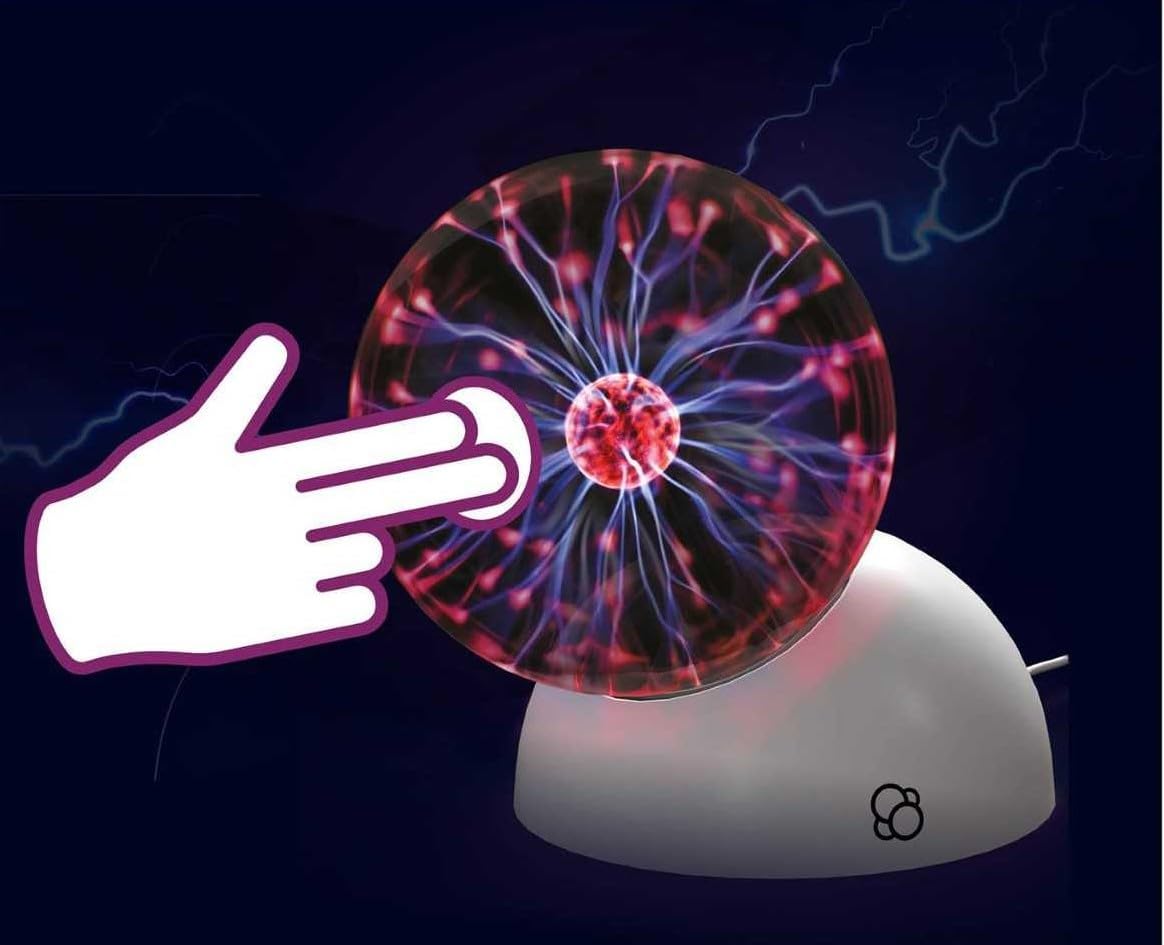 Thames & Kosmos Plasma Ball with a cartoon hand reaching out. Electric arcs react to touch, showcasing interactive STEM learning and the wonders of plasma physics