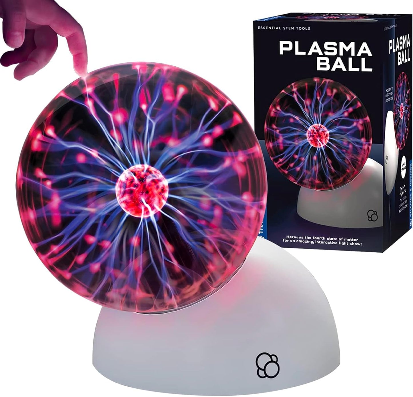 Thames & Kosmos Plasma Ball with packaging. A mesmerizing glass sphere with electric arcs that dance to your touch, USB & battery-powered.