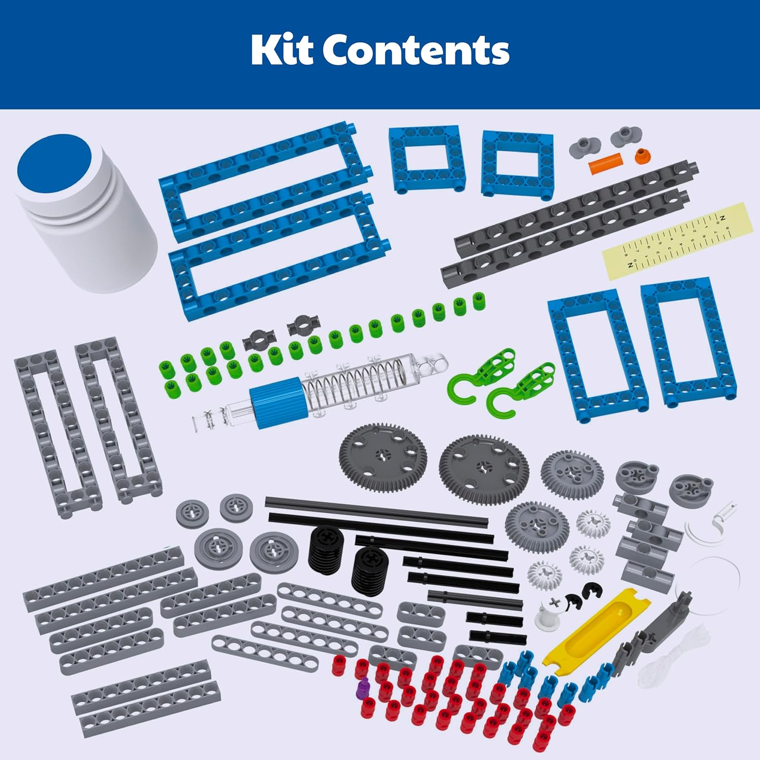 Thames & Kosmos Simple Machines kit contents. Includes plastic components to build 26 models, exploring mechanical physics, forces, and engineering concepts for STEM learning.