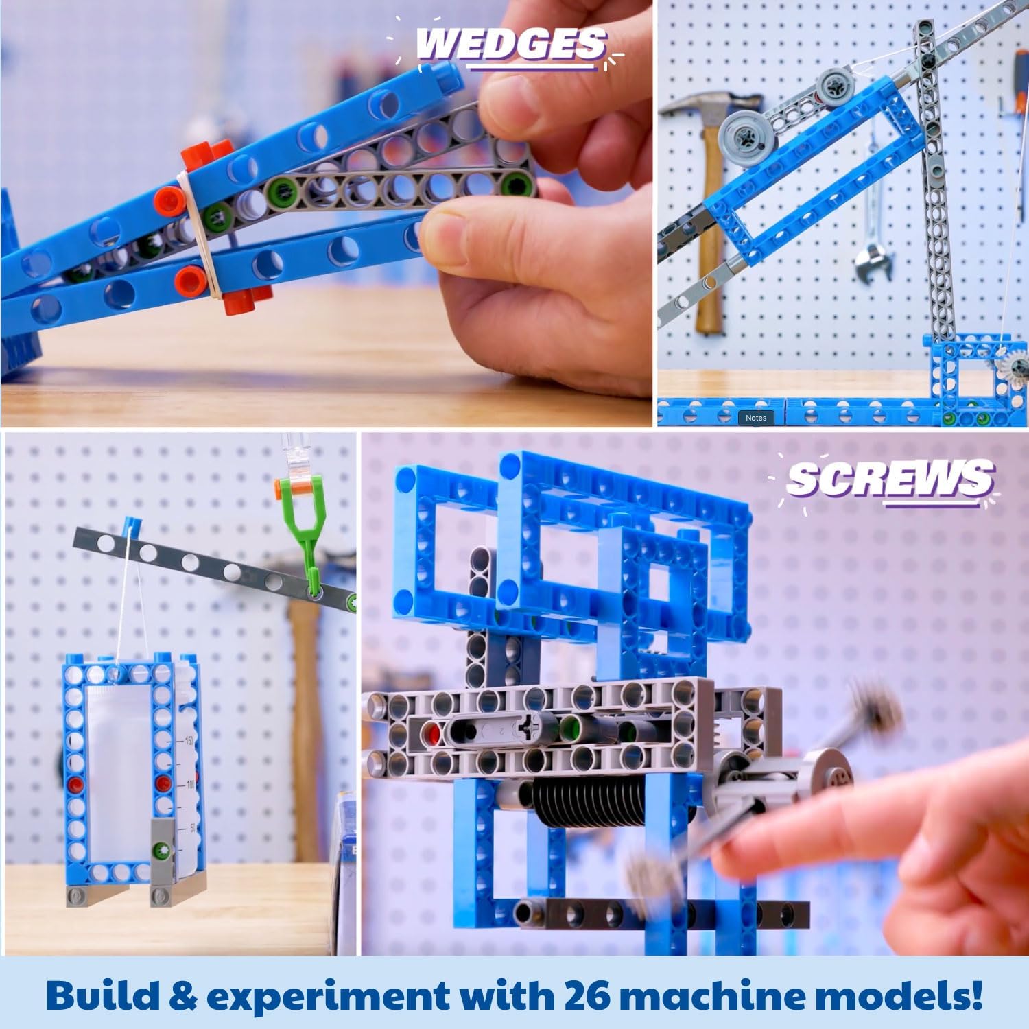 Thames & Kosmos Simple Machines kit with models built using wedges and screws. Explore forces and engineering by building and experimenting with 26 machine models.