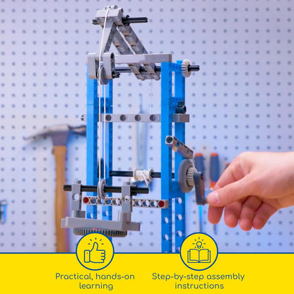 Thames & Kosmos Simple Machines kit featuring a built pulley system turned by a handle. Practical, hands-on learning with step-by-step assembly instructions for STEM exploration.