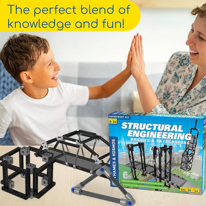 A mum and son building a model from the Thames & Kosmos Structural Engineering kit, enjoying hands-on STEM learning together. A fun way to explore forces and stability.