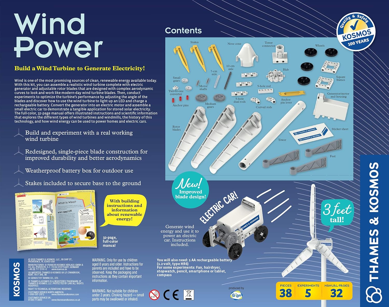 Back of the Thames & Kosmos Wind Power kit box. Displays product details, features, and specifications, highlighting renewable energy and hands-on STEM learning.