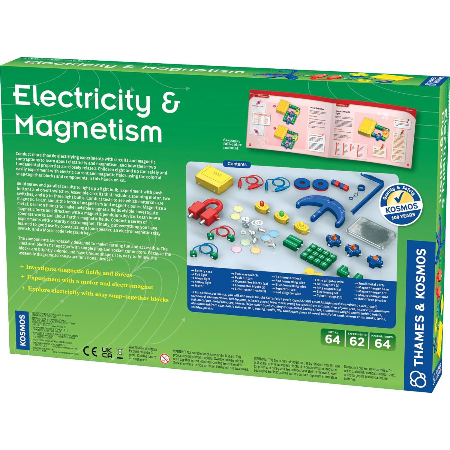 STEM kits for experimenting with electricity and magnetism, 64 piece kit, includes instruction booklet.
