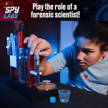A child using the Spy Labs Forensic Investigation Kit, analyzing fingerprints and testing substances, playing the role of a forensic scientist in a hands-on STEM experiment.